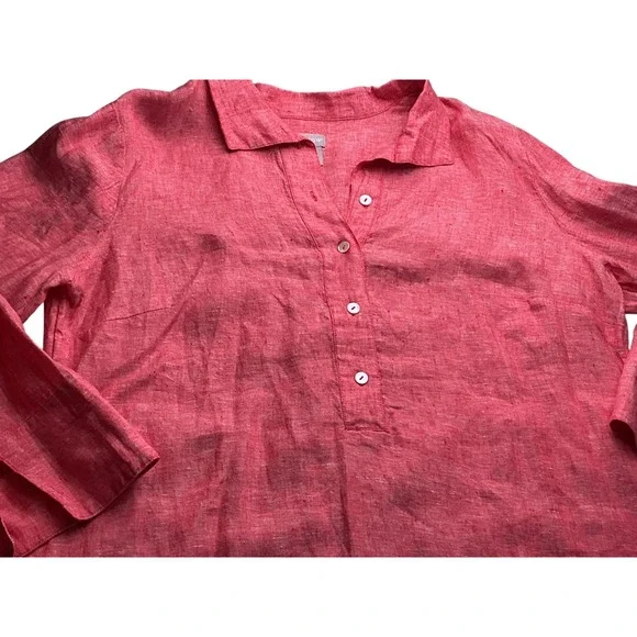 Chicos 100% Linen Tunic Top Red Orange Button Front Long Sleeve Size 2 L NEW - Picture 12 of 13